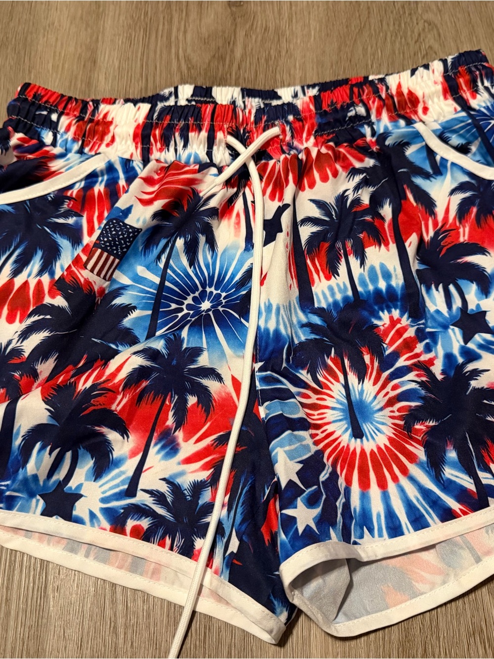 Women's Red & Blue Tie-Dye Palm Print Athletic Drawstring Shorts